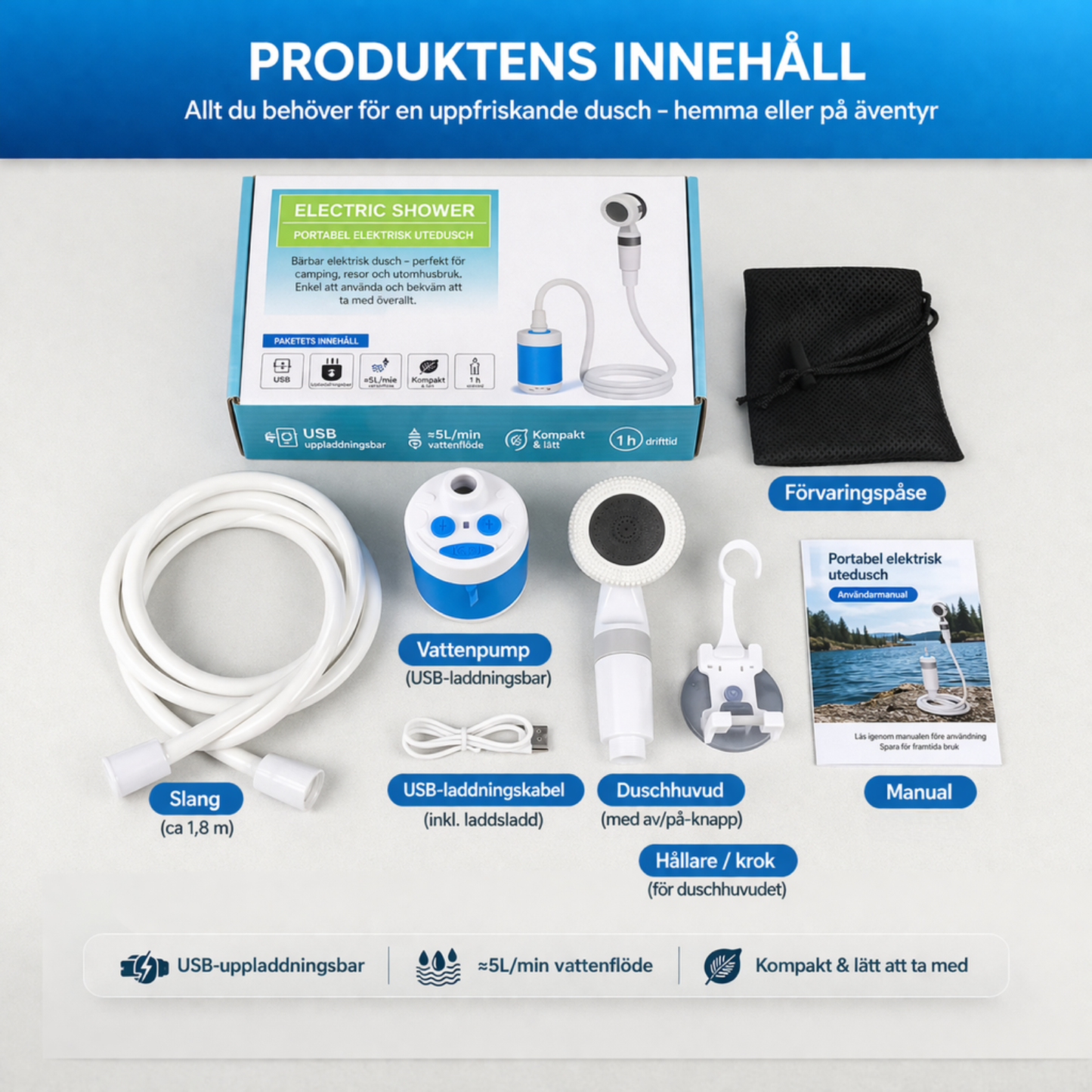 Bärbar Vattendusch: Komplett Kit med Slang & Munstycken
