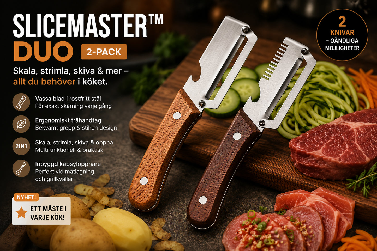 SliceMaster Duo – Multifunktionella Skal- &amp; Rivknivar (2-pack)