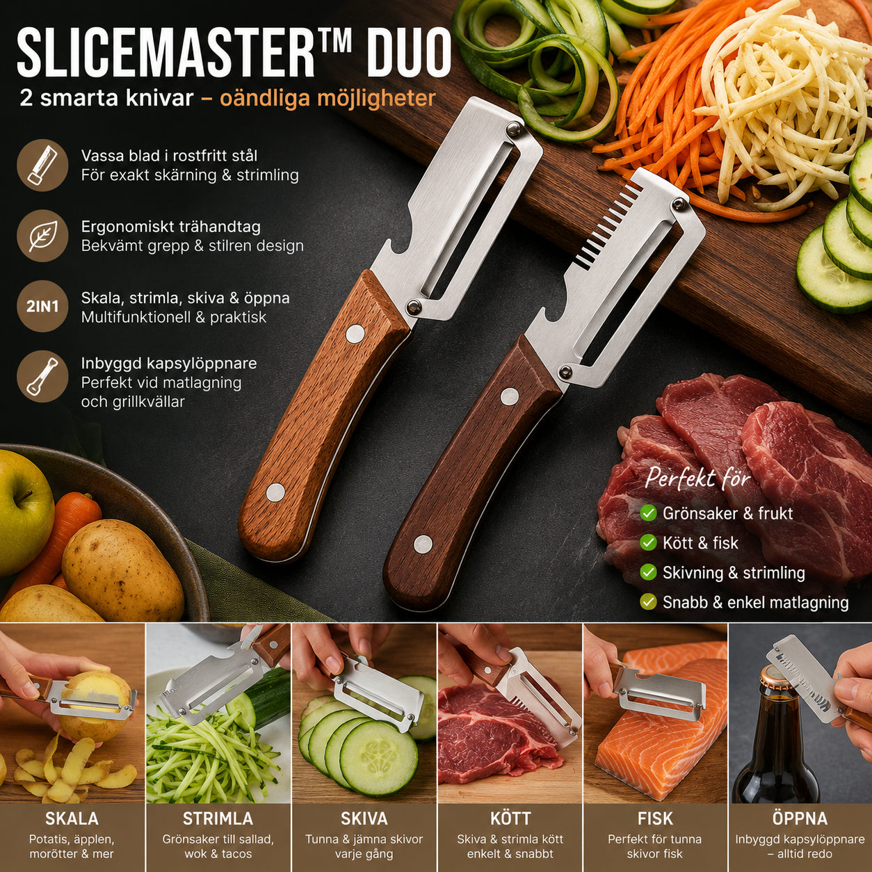 SliceMaster Duo – Multifunktionella Skal- &amp; Rivknivar (2-pack)