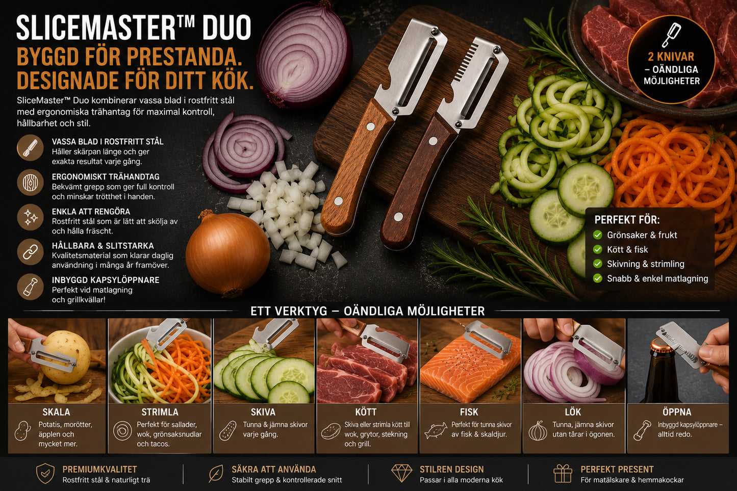 SliceMaster Duo – Multifunktionella Skal- &amp; Rivknivar (2-pack)