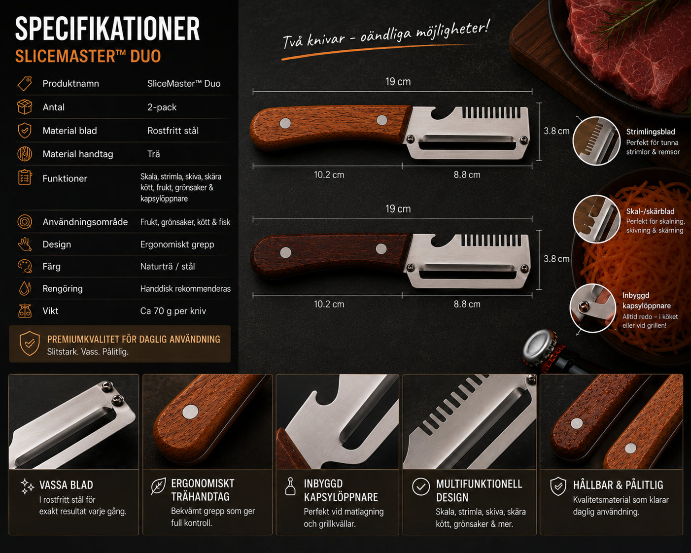 SliceMaster Duo – Multifunktionella Skal- &amp; Rivknivar (2-pack)
