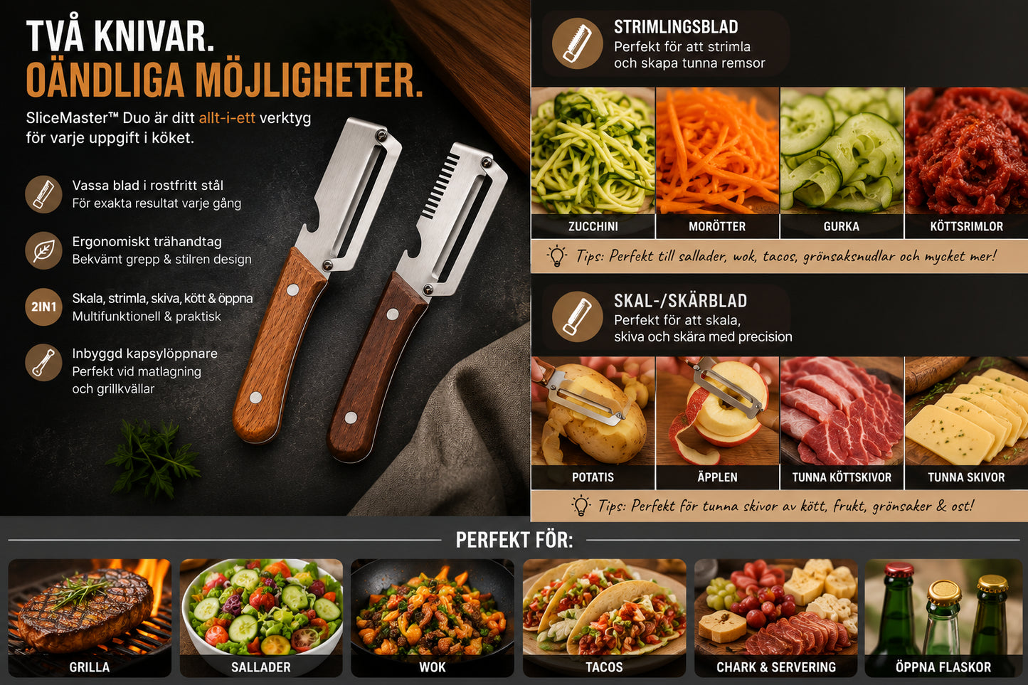 SliceMaster Duo – Multifunktionella Skal- &amp; Rivknivar (2-pack)